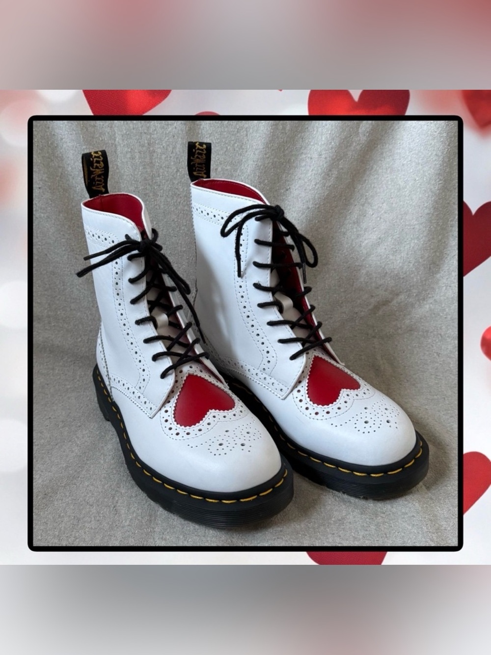 Dr. Martens White Leather Wingtip Boots with Red Heart Inset